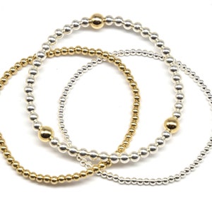 Silver Bead Bracelet gift set | Gold and Silver Bead Bracelet Gift Set  | Bracelet Stack| Silver | 4mm silver/gold  - 3mm gold- 2.5mm silver
