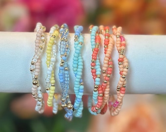 Twisted Beaded Bracelet, Summer Beach Bracelet, Pura Vida Style, Colorful Seed Bead Stretch Bracelet, Stackable Jewelry Gift for Her