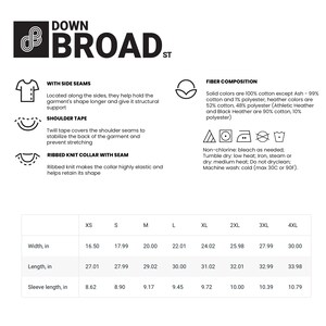 May include: Size chart for a men's t-shirt with measurements in inches. The chart shows the width, length, and sleeve length for sizes XS to 4XL. The t-shirt is made of 100% cotton except for the Ash color, which is 99% cotton and 1% polyester. The t-shirt has side seams, shoulder tape, and a ribbed knit collar with a seam.