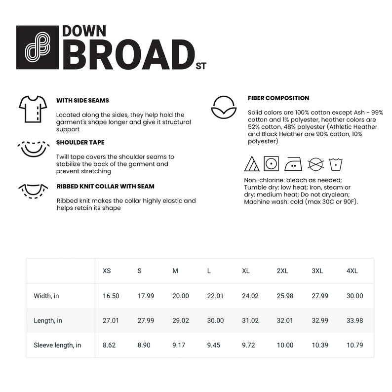 May include: Size chart for a men's t-shirt with measurements in inches. The chart shows the width, length, and sleeve length for sizes XS to 4XL. The t-shirt is made of 100% cotton except for the Ash color, which is 99% cotton and 1% polyester. The t-shirt has side seams, shoulder tape, and a ribbed knit collar with a seam.