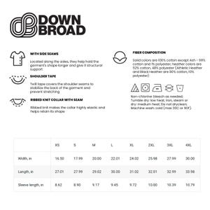 以下が含まれることがあります： Down BroadブランドのTシャツサイズチャート。サイドシーム、ショルダーテープ、リブニットカラーなどの技術仕様が記載されています。XSから4XLまでのサイズごとの幅、丈、袖丈がインチ単位で表示され、繊維組成と洗濯表示も含まれています。