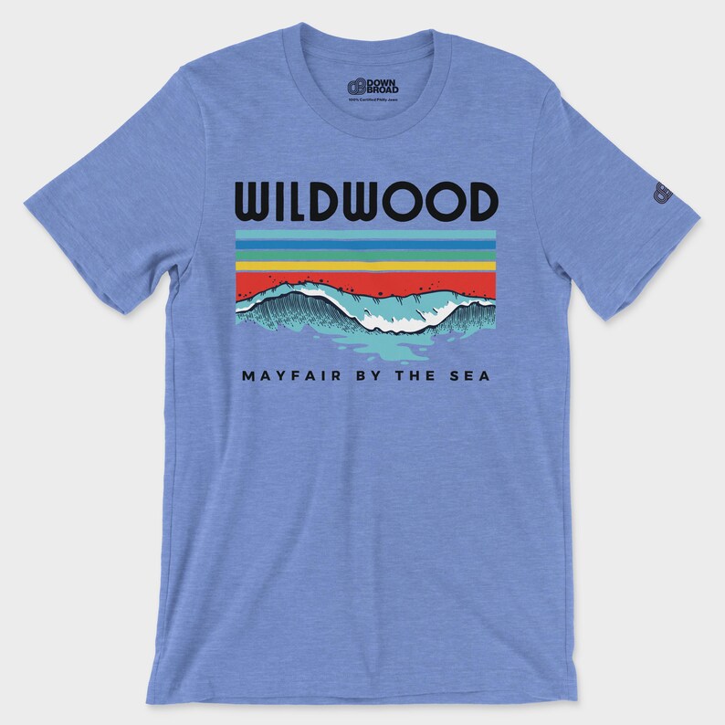 Wildwood Mayfair T-Shirt | Northeast Philly Tee | Jersey Shore Wildwood Shirt | Mayfair by the Sea Tee Heather Columbia Blue