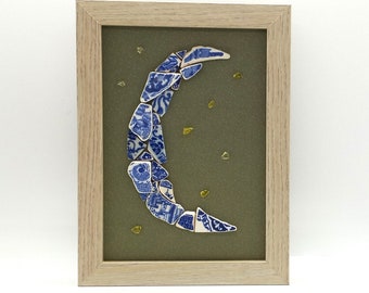 Crescent Moon and Stars Framed Art, Sea Pottery Art, Celestial Decor