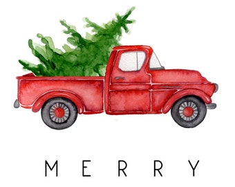 Old Red Truck Merry Christmas Print, Christmas Printable, Christmas Tree Truck Print, Merry Christmas Print, under 10 dollars, christmas
