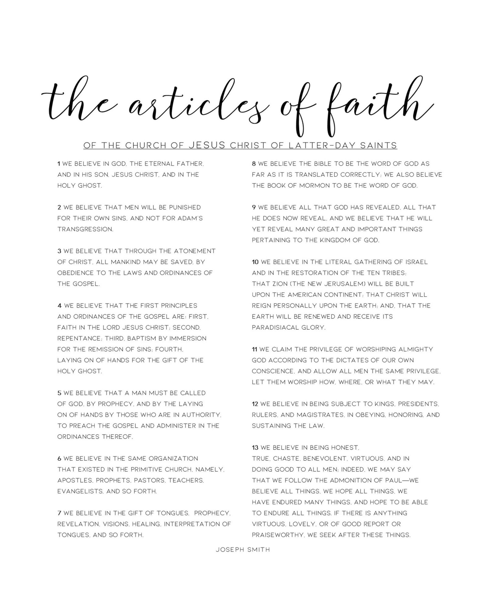 LDS Articles of Faith Print LDS Decor Print Printable Art - Etsy
