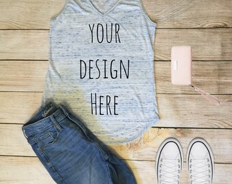 Download Free Bella Canvas Flowy V-Neck Tank Blue Marble Mockup PSD Template