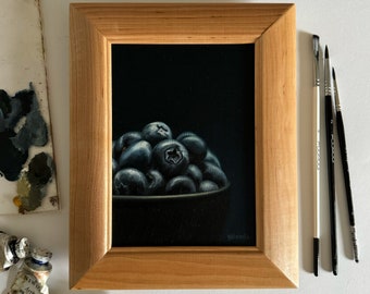 Midnight Blueberries - Berries original oil painting - Food realism - Dark background still life - Realism miniature - Hyperrealism art