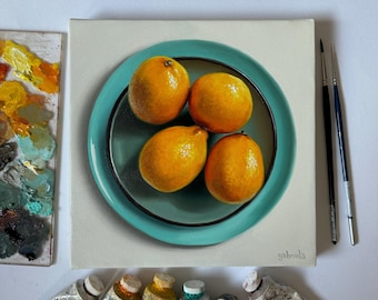 Lemons Still Life Oil Painting – Food Realism Art, Original Artwork