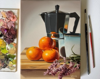 Los Sabores - Cafetera Moka - Pintura al óleo original de café - Bodegones de naranjas - Realismo alimentario - Arte hiperrealista