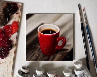 Bodegón de taza de café, pintura al óleo - Arte realista moderno en miniatura