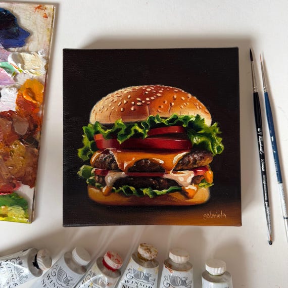 So Delicious - Burger Original Oil Painting - Food Realism So Delicious - Burger Original Oil Painting - Food Realism