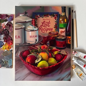 Coming Back Home - Plate of Apples original oil painting - Rustic kitchen still life - Food realism - Hyperrealism art