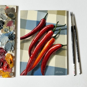 Ajoutez du piquant - Piments forts - Peinture à l&#39;huile originale - Réalisme culinaire - Art de la cuisine - Hyperréalisme