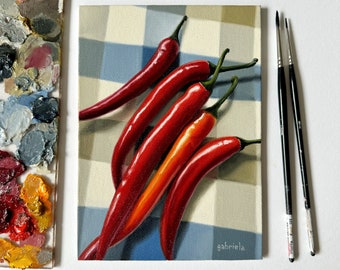 Spice it up - Chili peppers -  Original oil painting - Food realism - Kitchen art - Hyperrealism
