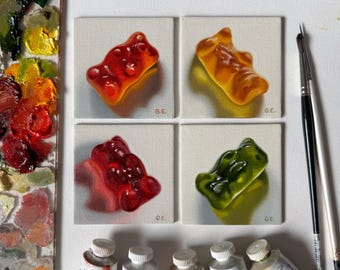 Pinturas al óleo de ositos de goma en miniatura - Arte realista de comida - Lienzo magnético - Realismo moderno