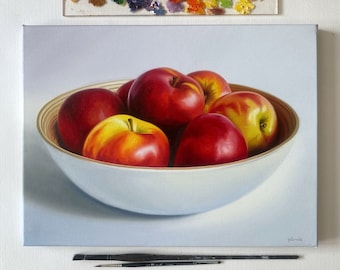 Bowl of apples - Original oil painting - Food art - Modern realism - Bowl of fruits - Oil on canvas - Hyperrealism