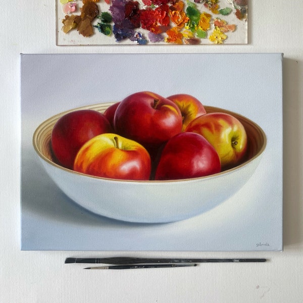 Bowl of apples - Original oil painting - Food art - Modern realism - Bowl of fruits - Oil on canvas - Hyperrealism