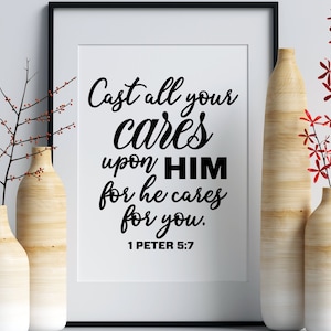 Wirf alle deine Sorgen auf ihn für er kümmert sich um dich Bibel Vers Clipart Design geschnitten Datei, christliche SVG-Dateien für Cricut, JSS