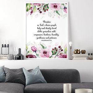 Christian Botanical Watercolor Colossians 3 12 Print, Printable Wall Art Scripture, Clothe Yourselves With Compassion Jpg