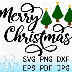 Merry Christmas Trees Svg Clipart Design, Merry Xmas, Season&#39;s Greetings, Happy Holidays, Cricut, Silhouette, png, dxf, Instant Download