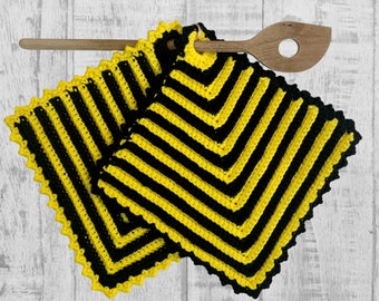 Baumwollgarn Topflappen, 1 Paar dicke und fest, schwarz-gelb,mit hochwertigem Baumwollgarn gehäkelt, sorgfältig handgemacht
