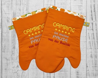 Topfhandschuhe Ofenhandschuhe Camping Retro bestickt orange Spruch