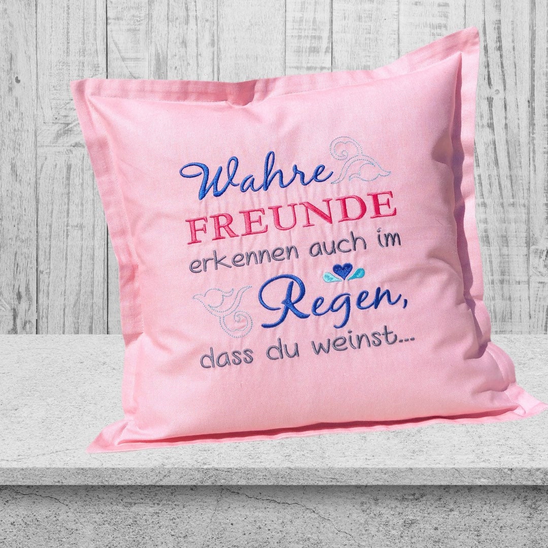 Kissenhülle,bezug,rosa,Spruch,Freundschaft,40x40 cm,genäht,bestickt