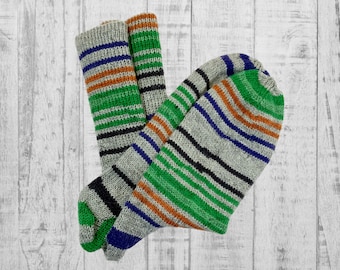 Wollsocken, Gr.43-44, grau-grün-blau, Strümpfe, gestrickt, handgemacht, Stricksocken