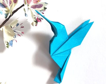 Lot de 6 colibris en origami dégradé de bleu pour décoration de table, création de mobile et de décor pour chambre d'enfant