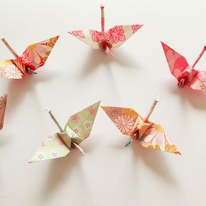 Set of 7 eternal pink Japanese origami cranes for wedding decoration, baptism table and DIY mobile creation for children's room