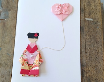 Carte en origami Cœur de Geisha pour cadeau de fête des mamans et présent personnalisé à envoyer pour vos proches