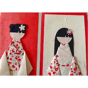 Origami bookmarks Geisha liberty red and natural flower customizable for book gift and thank you guest family party