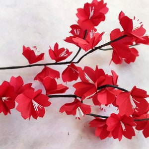 Japanese cherry tree branches in origami Red sakura flowers for flower bouquet arrangement, wedding table decoration, baptism