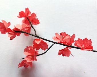 Branches de cerisier japonais en origami Fleurs de sakura rose saumon pour composition bouquet fleur, décoration table mariage, baptême