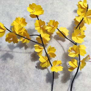 Japanese cherry blossom branches in origami Golden yellow sakura flowers for bouquet arrangement and wedding table decoration baptism