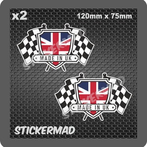 x2 Made In UK Shield with chequered flag Stickers British Leyland Classic Cars United Kingdom Retro Engineering