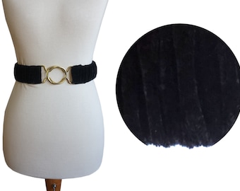 Black velvet elastic stretch belt, metal golden silver clasp