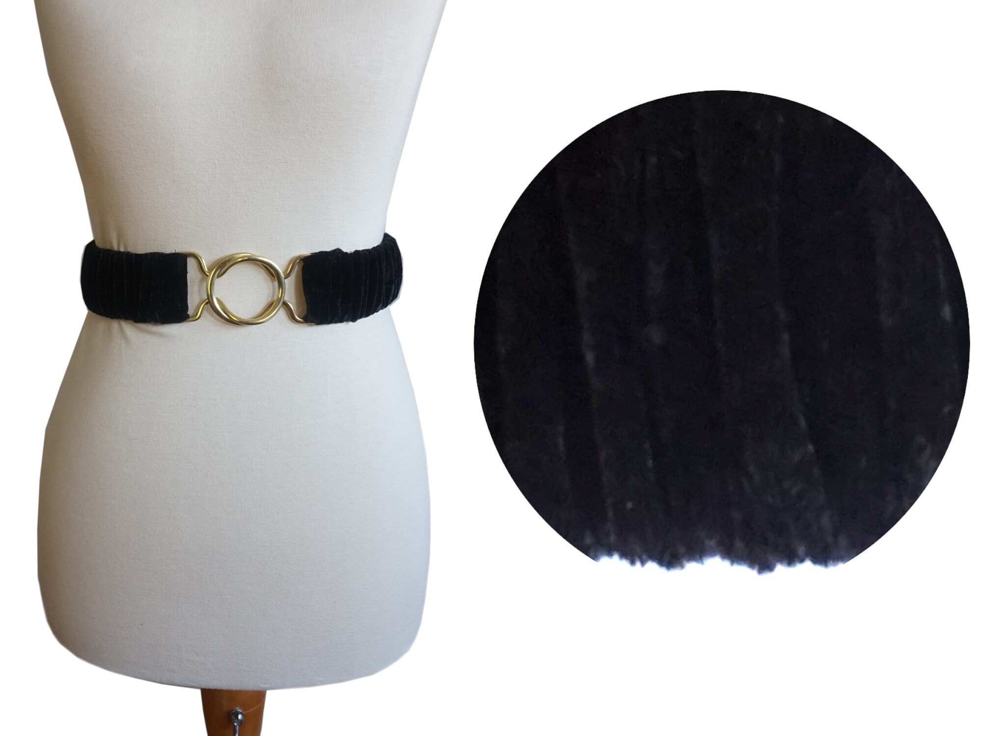Black Velvet Elastic Stretch Belt, Metal Golden Silver Clasp - Main Image