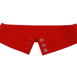 May include: A red fabric collar with four silver snap buttons.