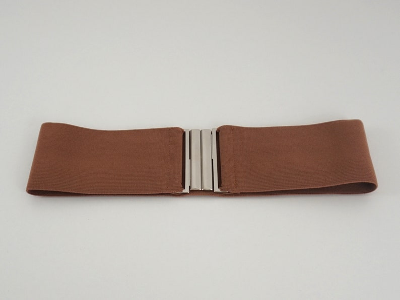 May include: A brown elastic belt with a silver buckle. The belt is flat and wide, and the buckle is simple and understated.