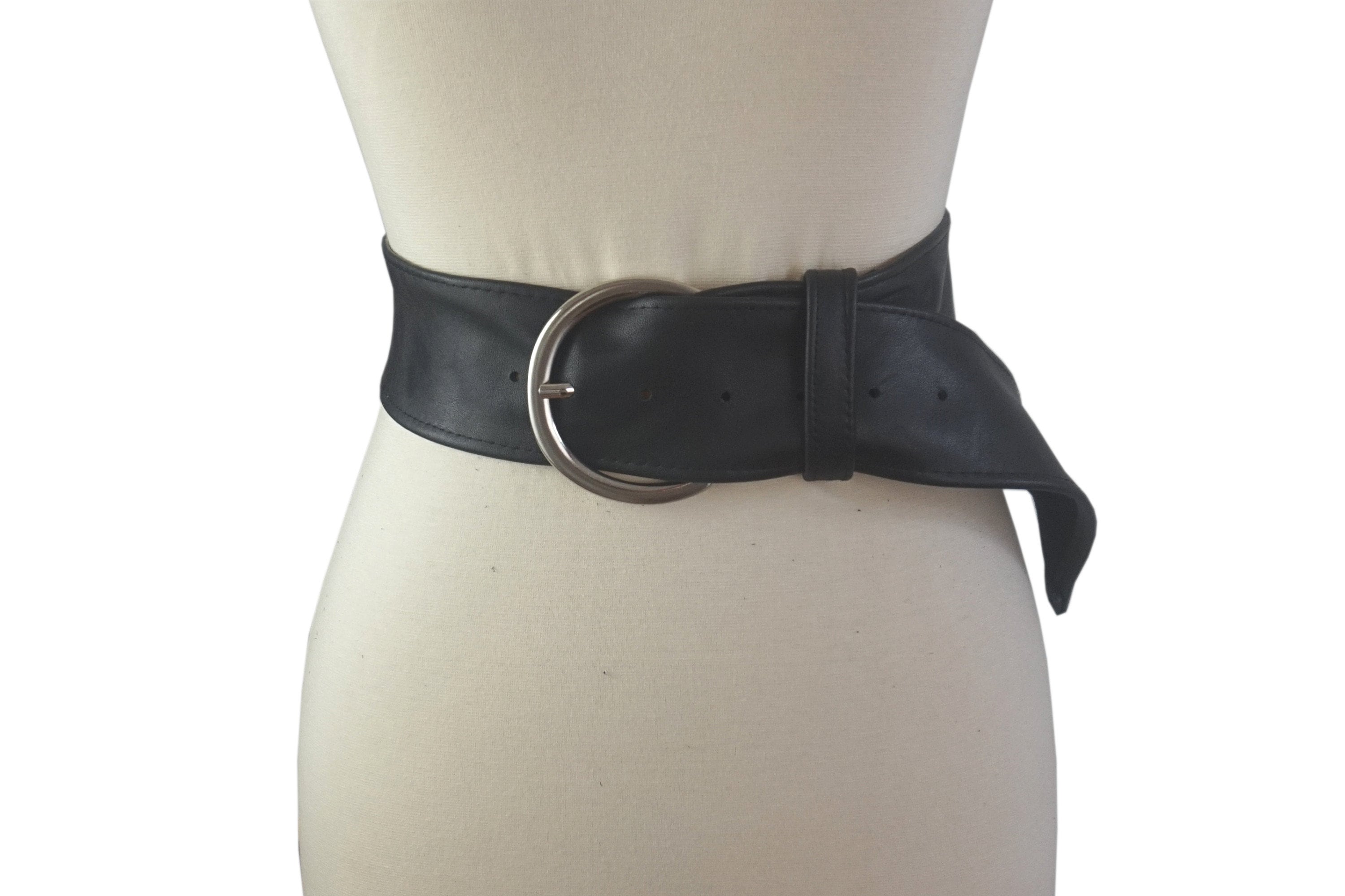 Wide Black  Leather  Belt , Big metal buckle