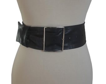 Soft Wide Black  Leather  Belt , Big metal buckle, 7cm