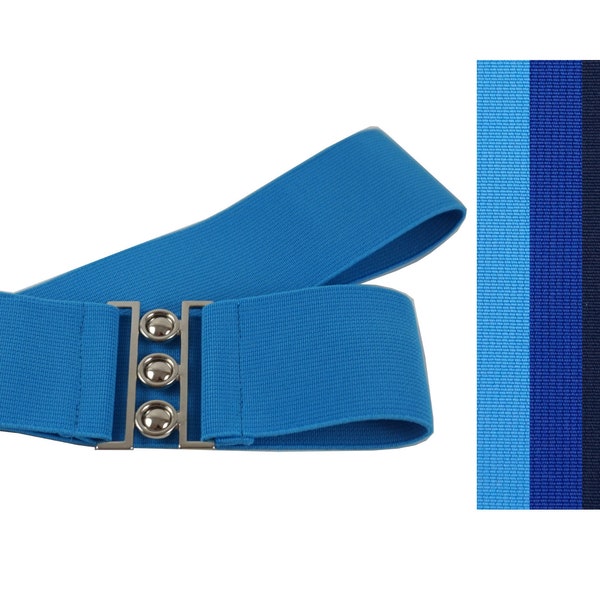 blue, elastic, stretch belt ,metal clasp