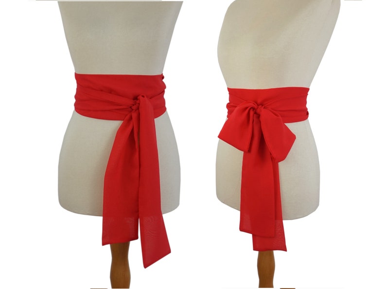 silk chiffon sash, red belt , red sash, two sides , two layers image 1