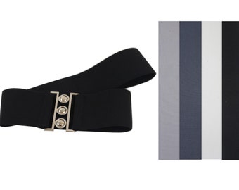 black, gray, white, elastic, stretch belt ,metal clasp