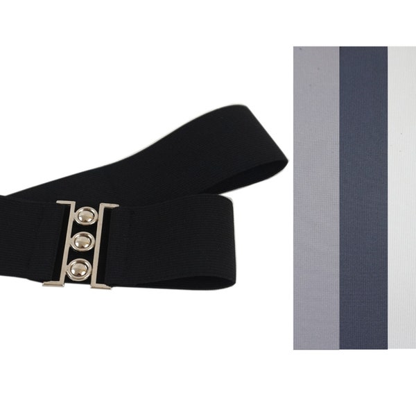 black, gray, white, elastic, stretch belt ,metal clasp