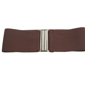 May include: A brown elastic belt with a silver buckle. The buckle has a rectangular shape and a smooth surface.