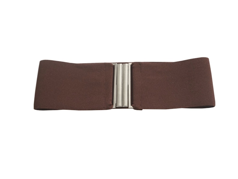 May include: A brown elastic belt with a silver buckle. The buckle has a rectangular shape and a smooth surface.