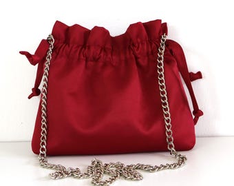 Dark red cotton satin evening cluch bag