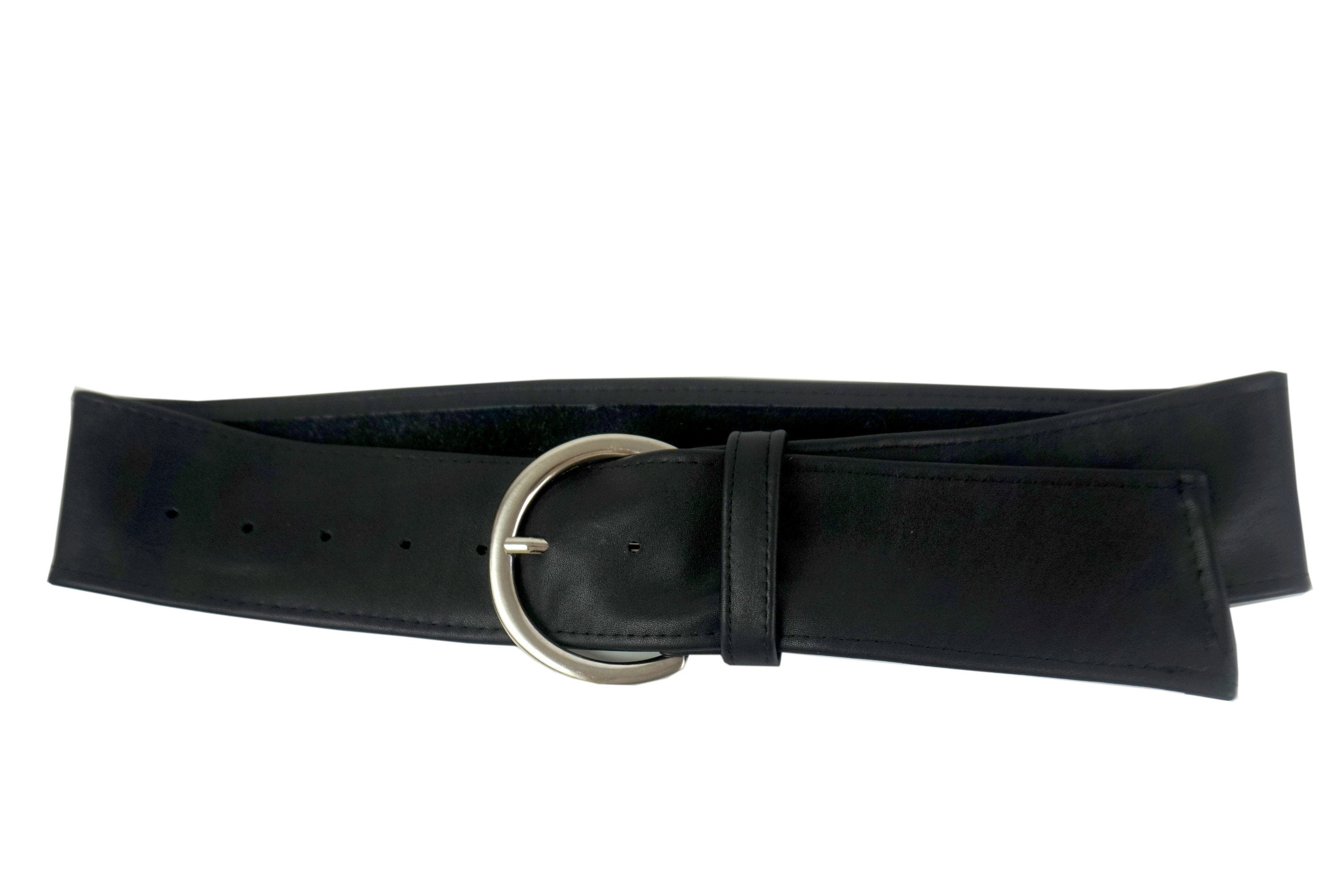 新品CLANE CIRCLE BUCKLE WIDE BELT Wide Leather Belt Round Buckle in Black - 2 Inch Belt - Silver